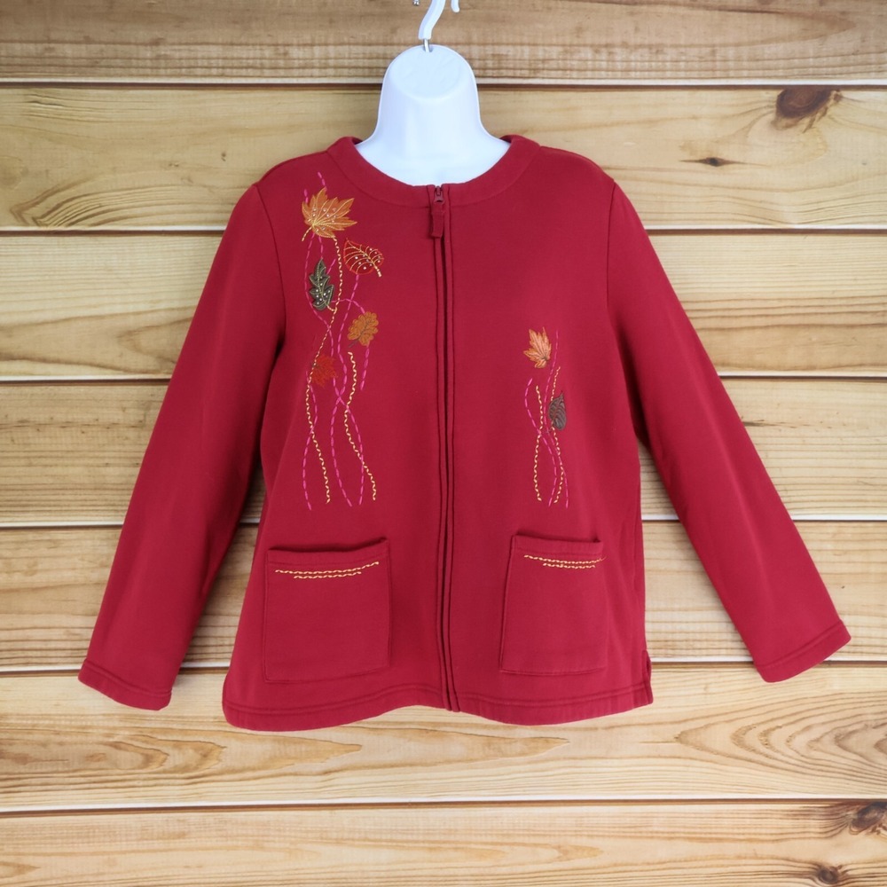 Breckenridge Full Zip Jacket Womens Size M Red Fleece Embroidered Leaves Pockets
